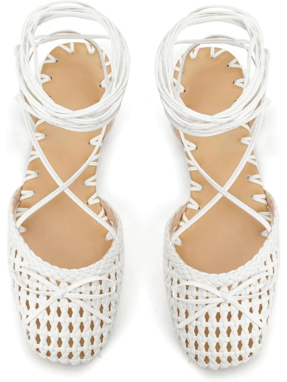 Women's Pearl White Ballet Flats Lace Up Closed Square Toe Summer Dressy Sandals